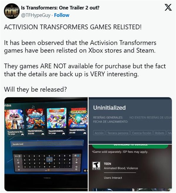 动视《变形金刚》游戏重新上架Xbox/Steam平台1