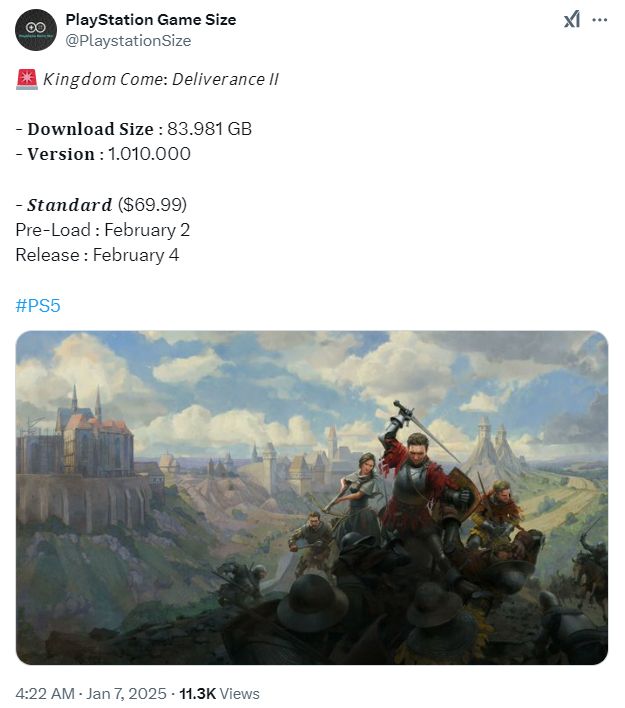 《天国：拯救2》PS5版2月4日发售下载容量近84GB2